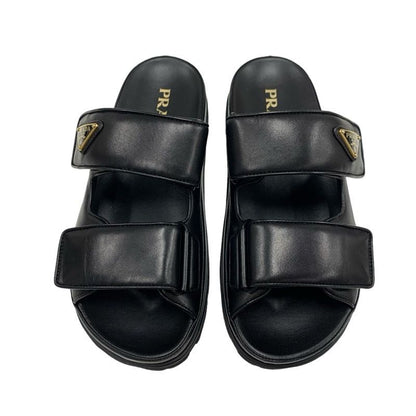 Prada Sandals Shoes Leather Black Unused Slide Sandals Triangle Logo