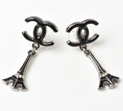 Chanel Earrings Eiffel Tower Motif In Black Silver