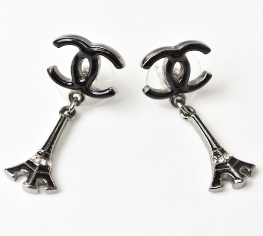Chanel Earrings Eiffel Tower Motif In Black Silver
