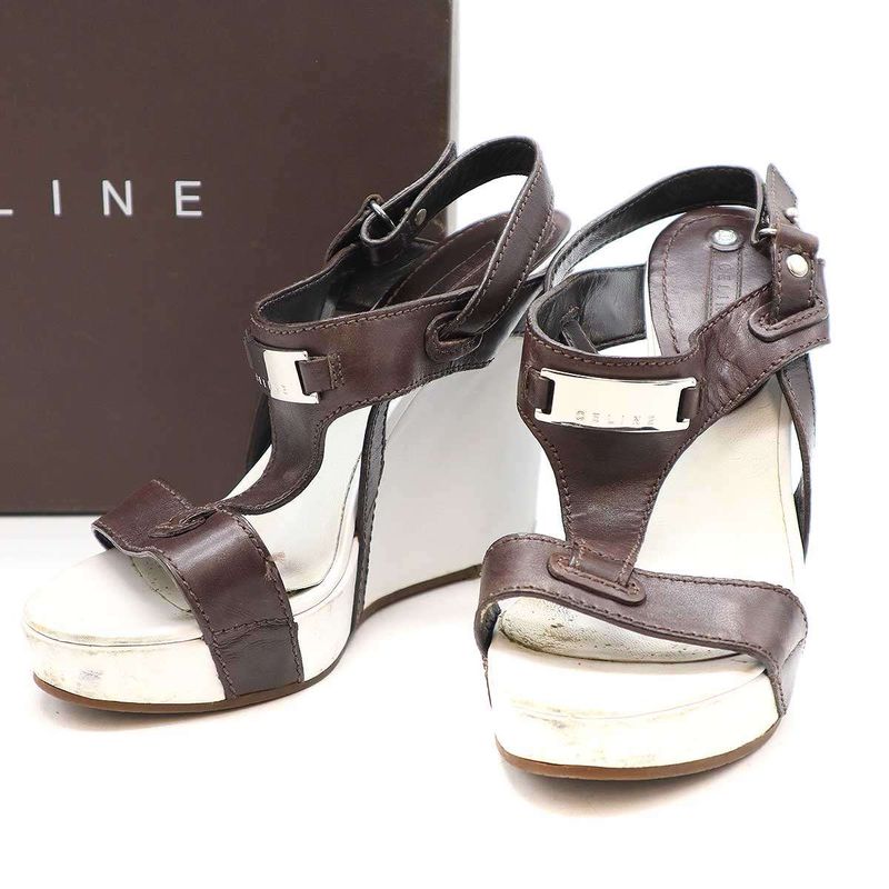 Celine Wedge Sole Strap Sandal White and Brown 36