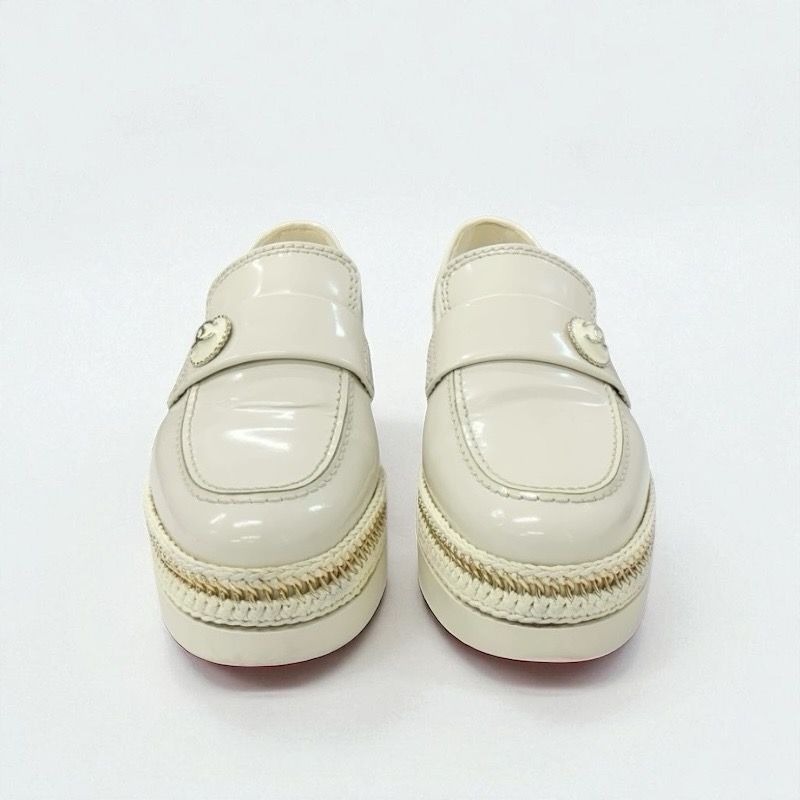 Chanel Loafer Leather Shoes Patent Leather White Gold Here Mark Thick Sole