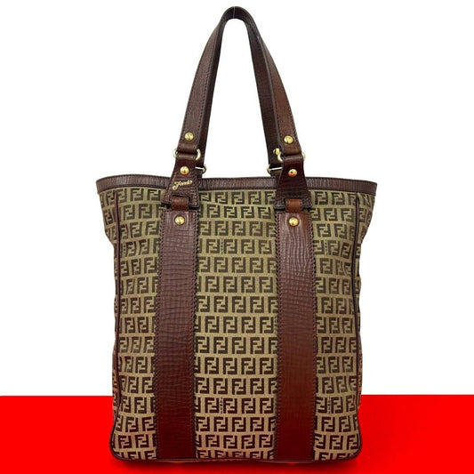 Fendi Zucchino FF Pattern Canvas Leather Tote Business Brown