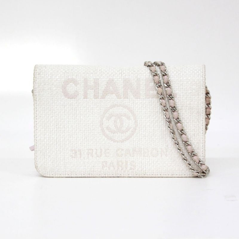 Chanel Deauville Chain Wallet Leather Straw Light Pink Shoulder Bag Silver