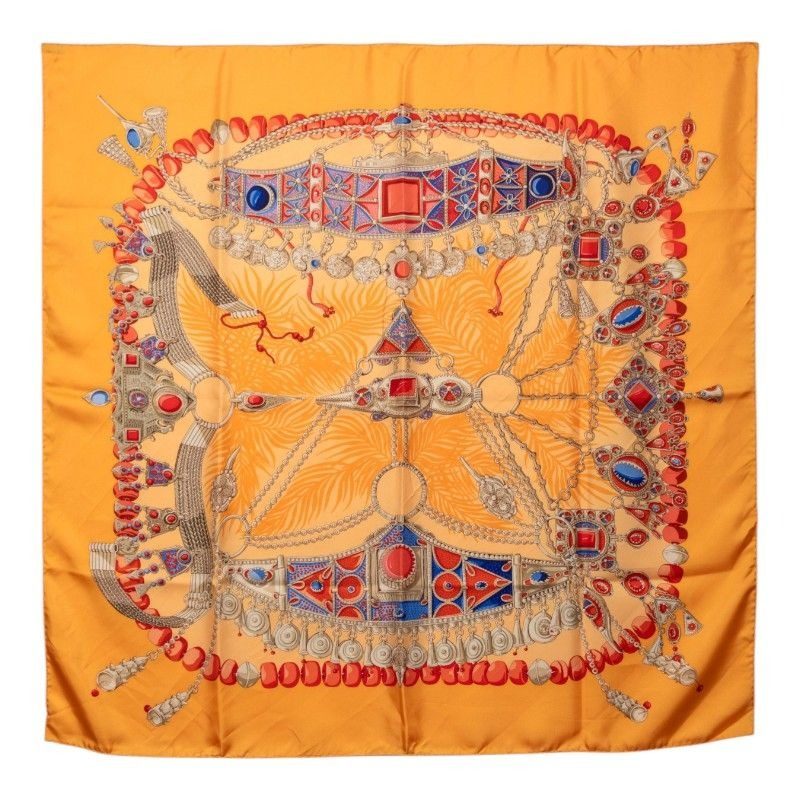 Hermes Carre 90 Terres Precieuses Precious Place Scarf Orange Multicolor Silk