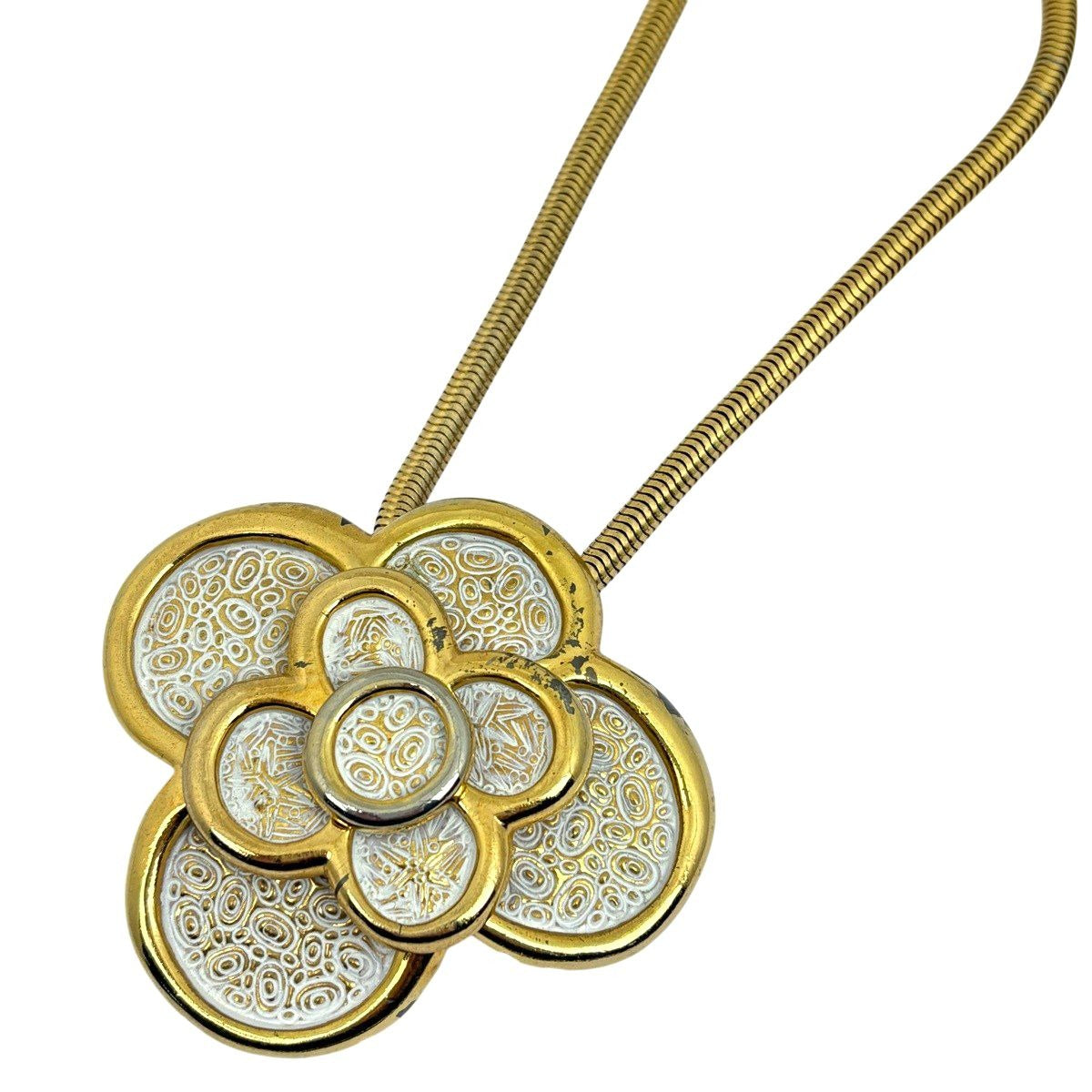 Dior Christian Long Necklace Flower Gold Plated White