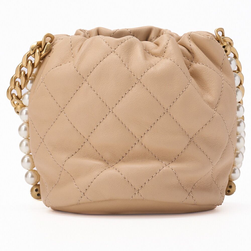 Chanel Matelasse Pearl Drawstring Chain Shoulder Lamb Skin Beige With Gold