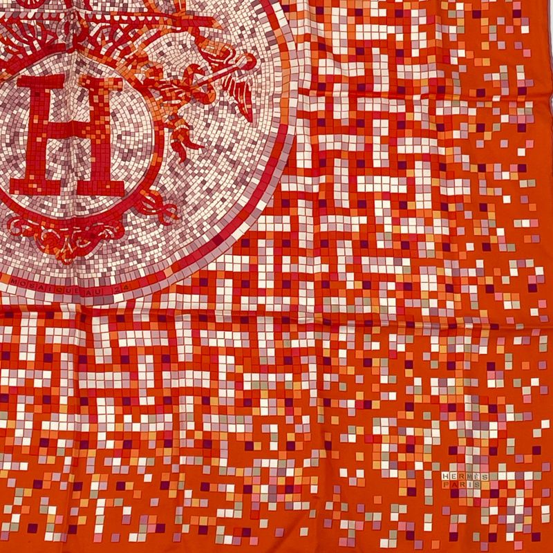 Hermes Scarf Carre 90 Silk Mosaiqueau24 Mosaic 24 Horse Pattern Orange Multicolo