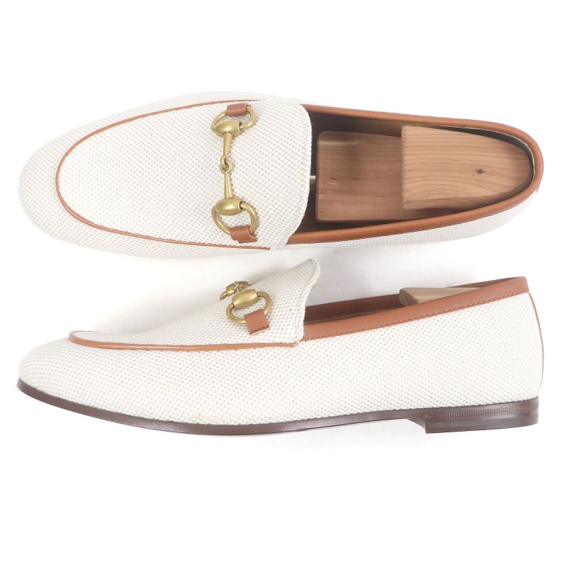 Gucci 430088 Canvas Leather Horsebit Gold Hardware Loafers Ivory Brown 6 With