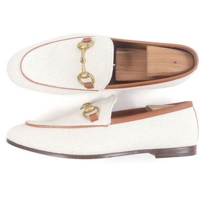 Gucci 430088 Canvas Leather Horsebit Gold Hardware Loafers Ivory Brown 6 With