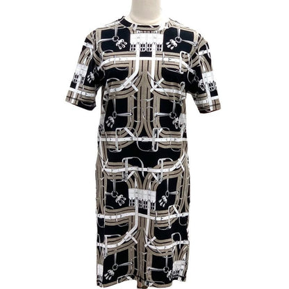 Hermes Dress Cotton Brown Black White All Over Pattern Short Sleeve