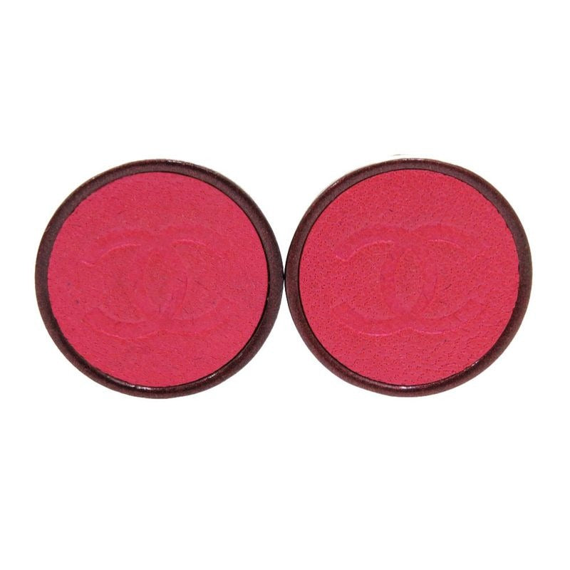 Chanel Coco Mark Button 00 A Leather Metal Pink Earrings Accessories 1638