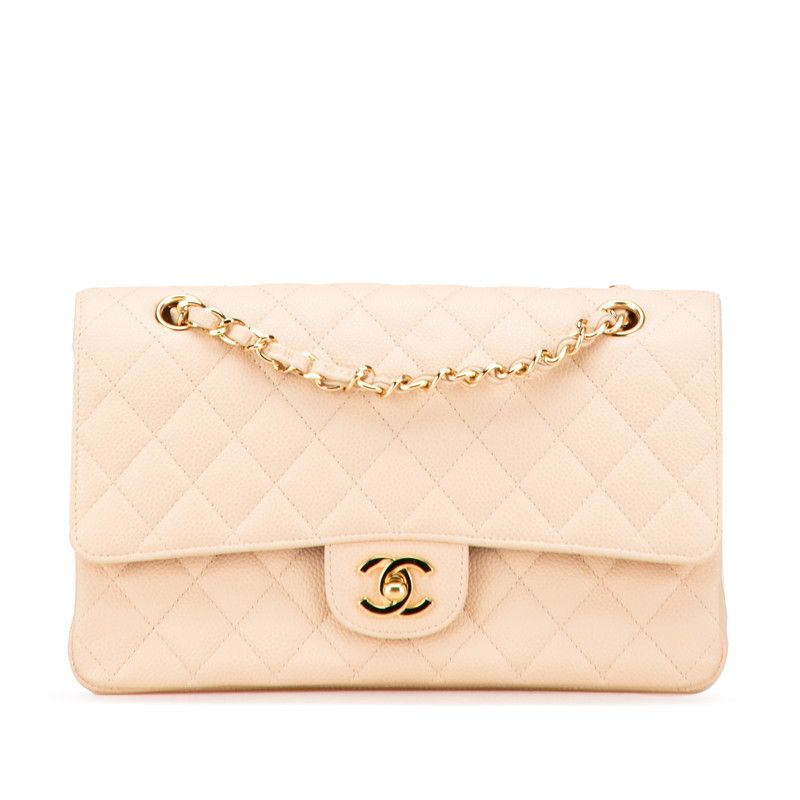 Chanel Matelasse 25 Coco Mark Double Flap Chain Shoulder Bag Beige Caviar Skin