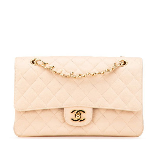 Chanel Matelasse 25 Coco Mark Double Flap Chain Shoulder Bag Beige Caviar Skin