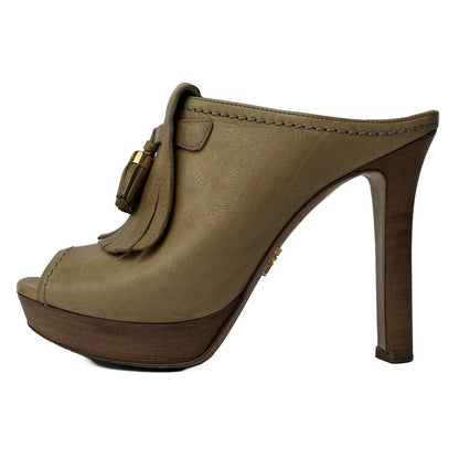 Prada Mule 36.5 Khaki Beige Thick Sole Tassel Fringe Leather