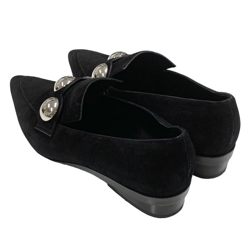 Hermes Loafers Leather Shoes Suede Black Silver Round Studs Flat Shoes