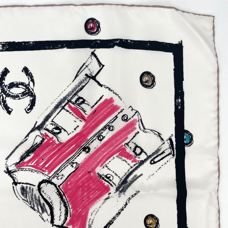 Chanel Icon Motif Scarf Coco Mark Silk White With Box