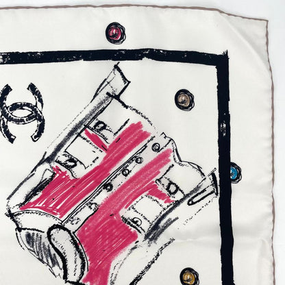 Chanel Icon Motif Scarf Coco Mark Silk White With Box