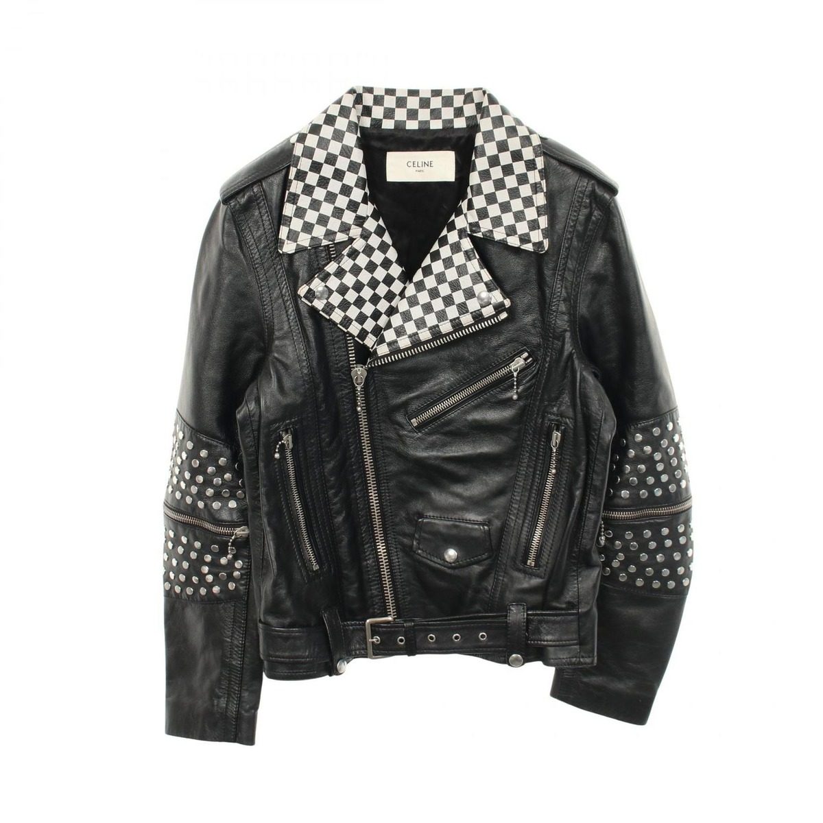 Celine Riders Jacket Block Check Studs Black Leather