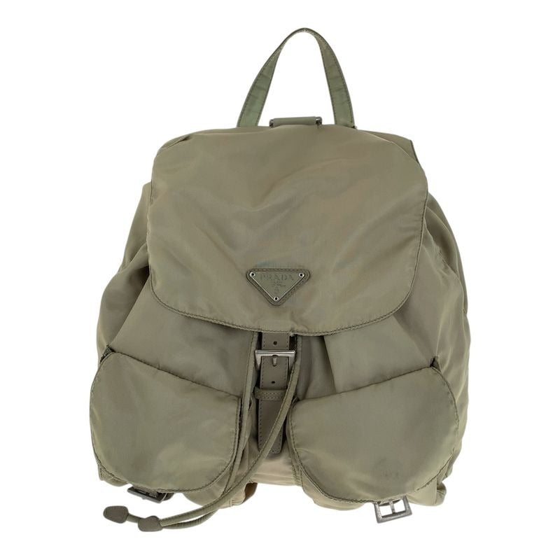 Prada Tessuto Triangle Logo Plate Khaki Silver Hardware Nylon Backpack Daypack