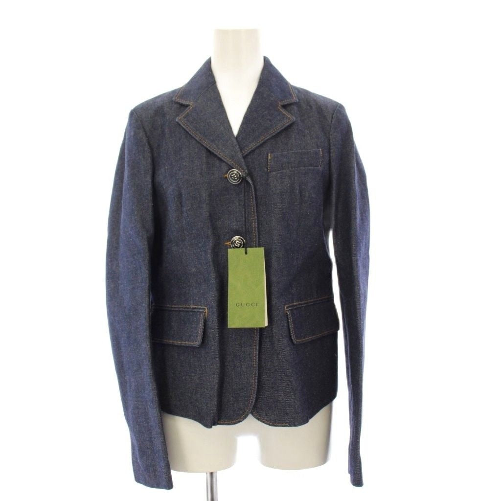 Gucci Denim Leather Tailored Jacket Button 36 Navy
