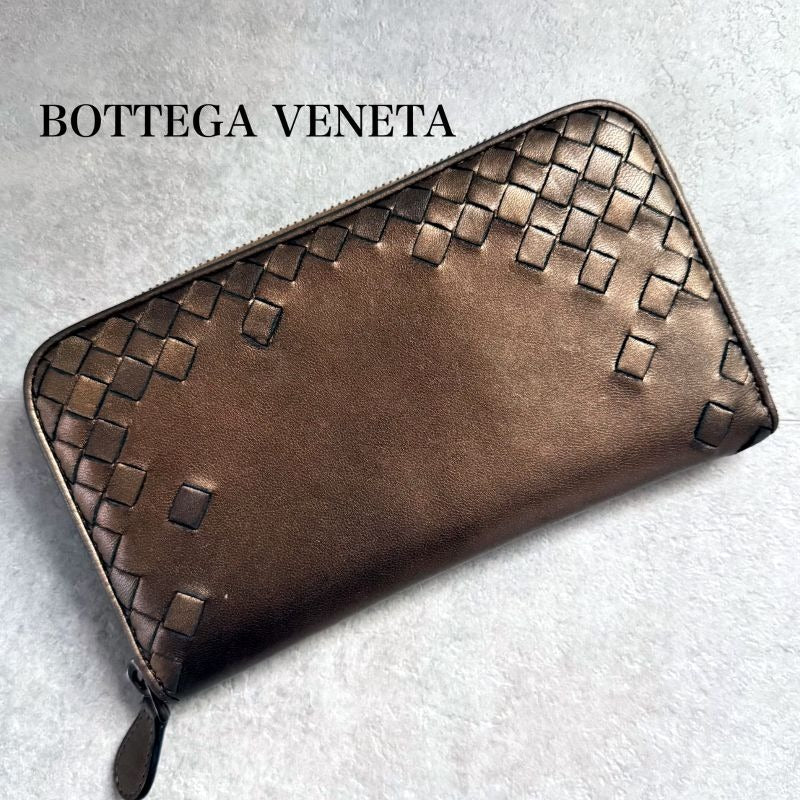 Bottega Veneta Intrecciato Round Zipper Long Wallet Bronze Leather Men