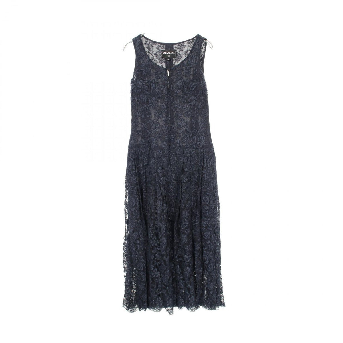 Chanel Dress Floral Pattern All Lace Sleeveless Navy Rayon Cotton