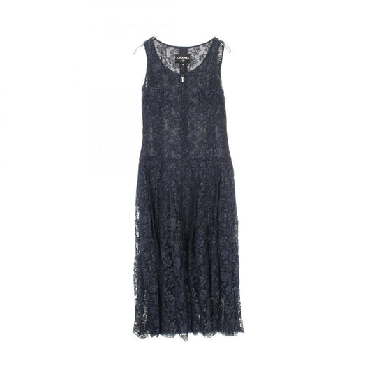 Chanel Dress Floral Pattern All Lace Sleeveless Navy Rayon Cotton
