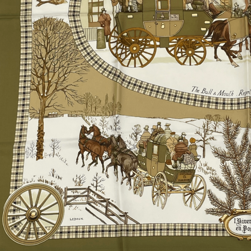 Hermes Scarf Carre 90 Lhiver EN Poste Winter Mail Coach 100% Silk Brown