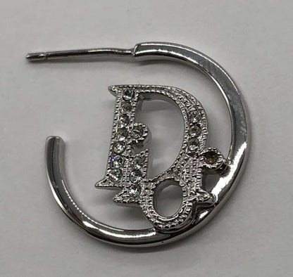 Dior Christian Dior Rhinestone Hoop Earrings Silver Ladies Men Fashion Vintage