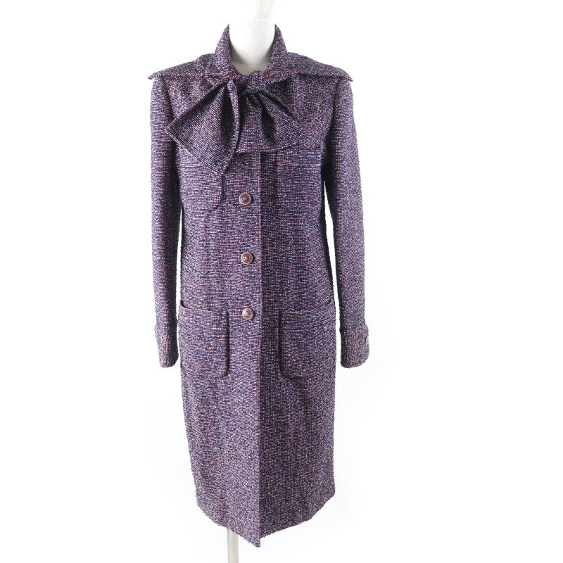 CHANEL 16P P53413 Bar Tie Cotton Tweed Coat With Coco Mark Buttons Multi 34