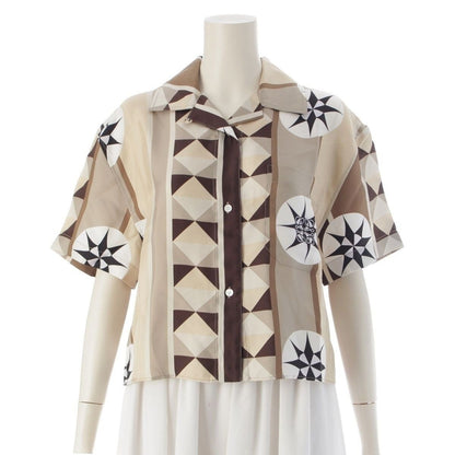 Loewe Washed Silk Paula's Ibiza Anagram Logo Short Sleeve Shirt Top Beige