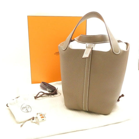 Hermes Picotin Lock PM Taurillon Clemence Handbag Etoupe Silver