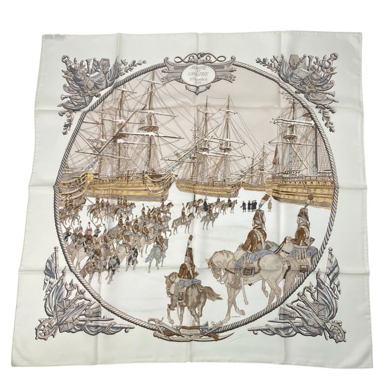 Hermes Scarf Silk Carre 90 Marine ET Cavalerie Sea And Cavalry White