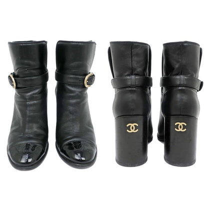 Chanel Ankle Boots 34 1 2C Black G38064 Leather Patent CC Mark Shoes