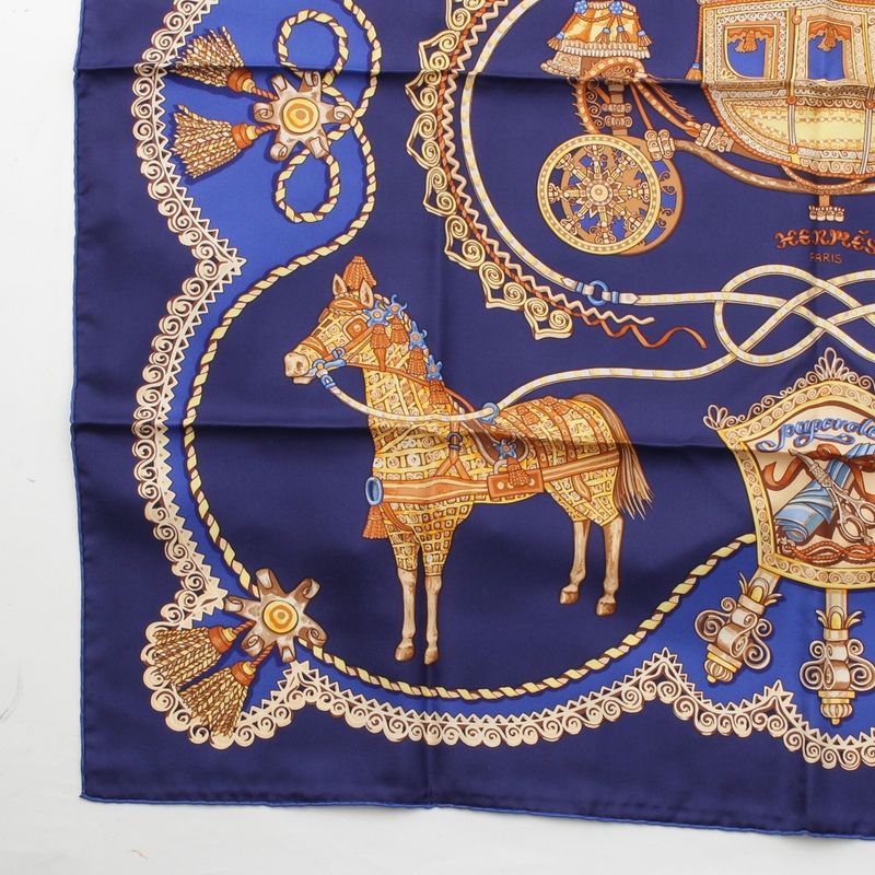 Hermes Carre 90 Paperoles Papoule Carriages And Nobles Silk Scarf Navy