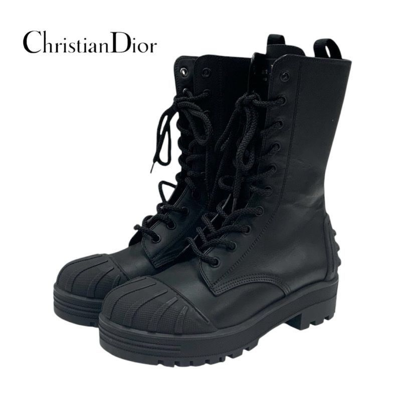 Christian DIOR Boots Short Boots Shoes Leather Rubber Black Middle Boots Logo