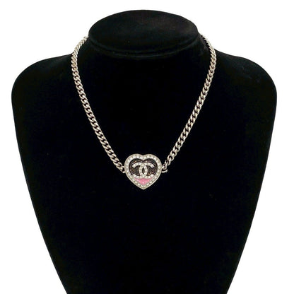 Chanel CC Logo Heart Motif Plated Rhinestone Necklace Silver X Pink — view 2