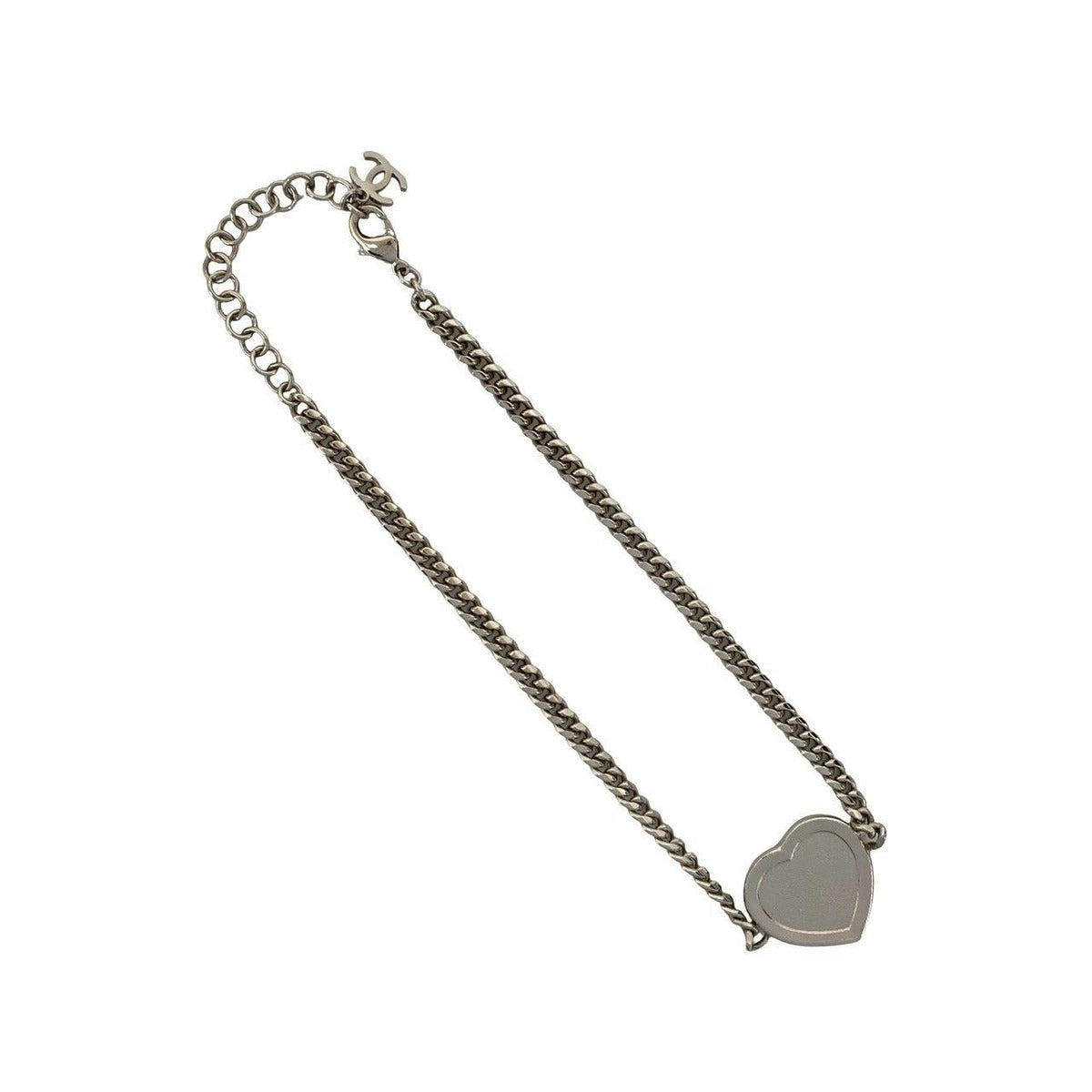 Chanel CC Logo Heart Motif Plated Rhinestone Necklace Silver X Pink — view 5