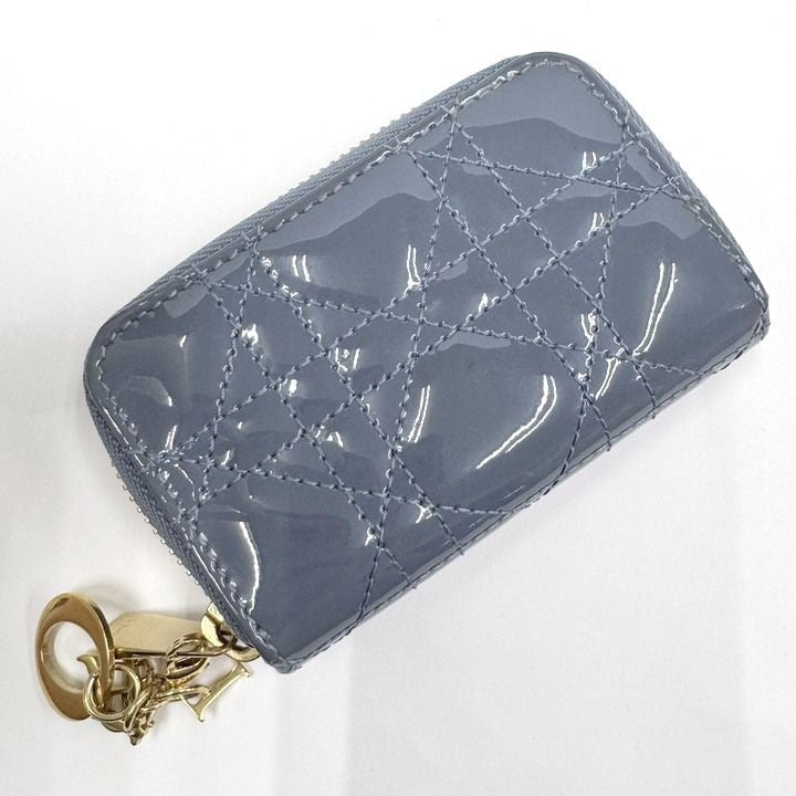 Dior Cannage Coin Case with Key Ring Patent Leather Blue Gray Holder