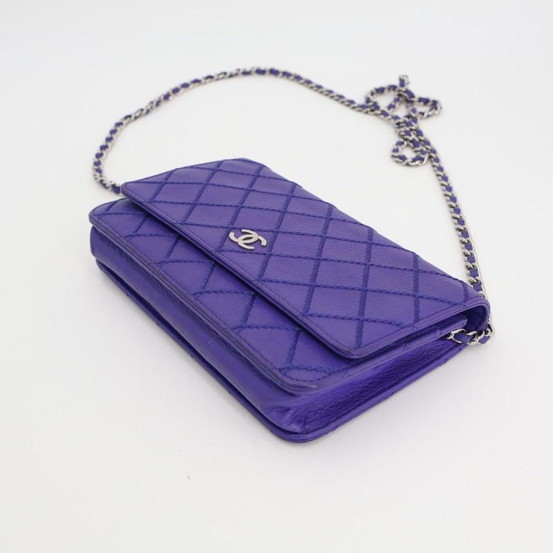 Chanel Chain Wallet Shoulder Bag Women Leather Blue