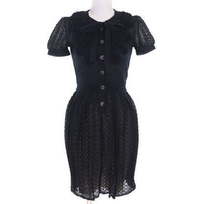 Chanel With Inner Dress Coco Mark Button Lace Ruffle Ribbon Short Sleeve