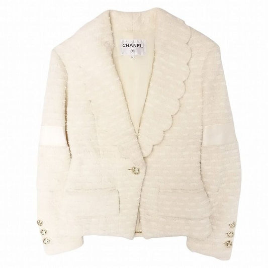 Chanel Coco Mark Scalloped Collar Tweed Jacket Ivory Size