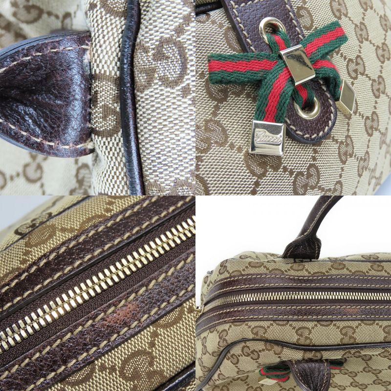 Gucci Boston Bag 161720 Sherry Princi GG Canvas Leather Beige Dark Brown Gold