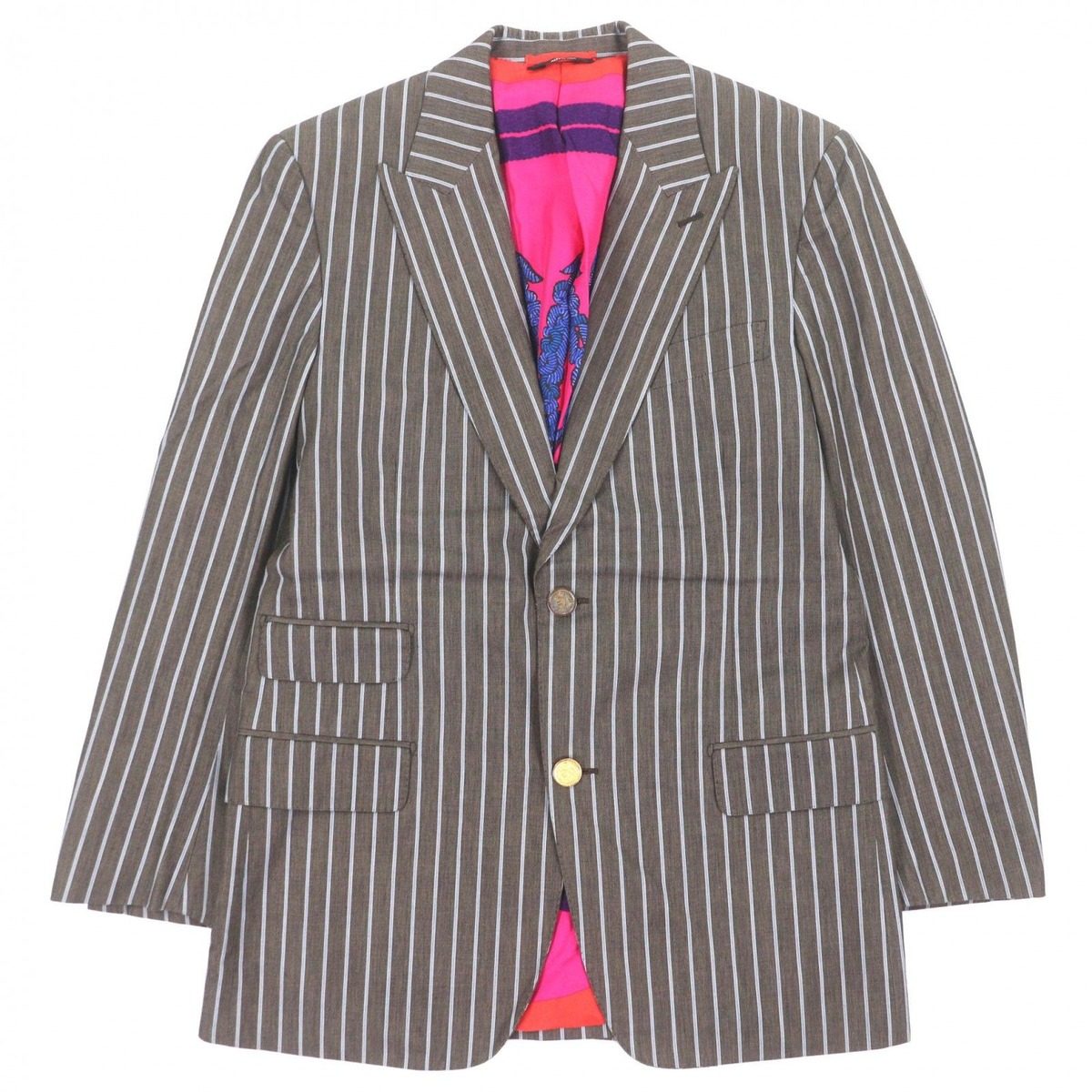 Hermes Silk Lining Striped Pattern Single Jacket Tailored Brown Blue 46
