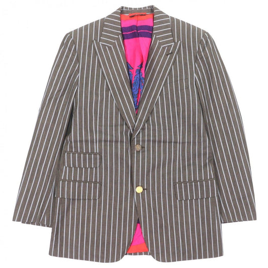 Hermes Silk Lining Striped Pattern Single Jacket Tailored Brown Blue 46