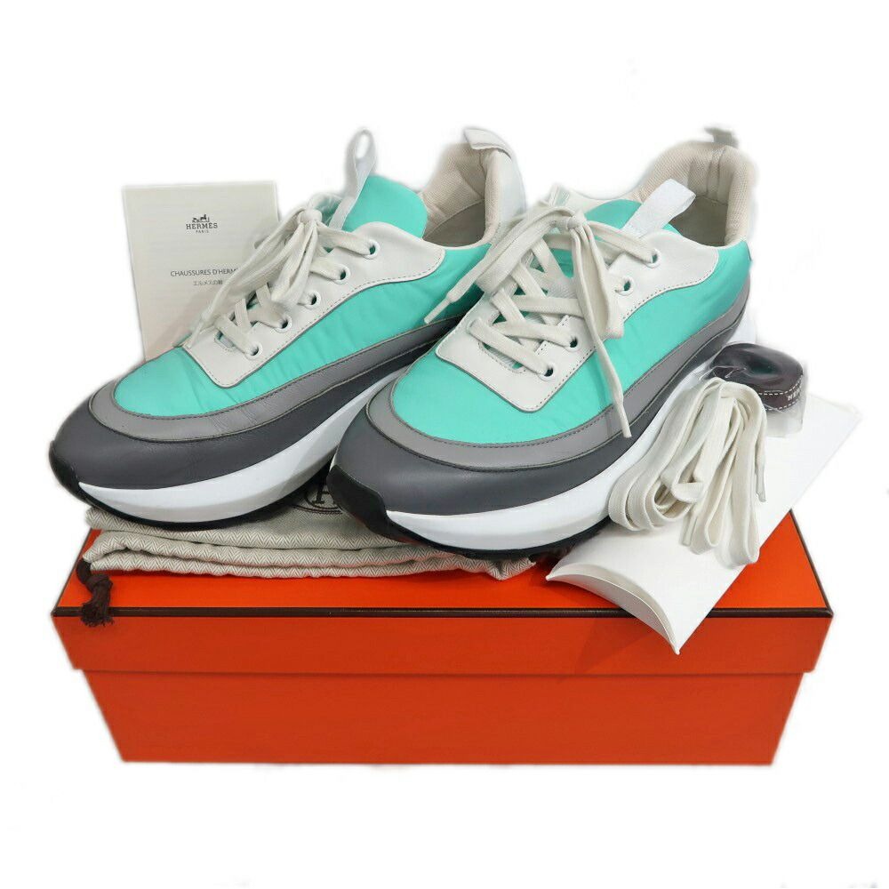 Hermes Glam Sneakers 41 Nylon Leather Blue Green Shoes — view 10