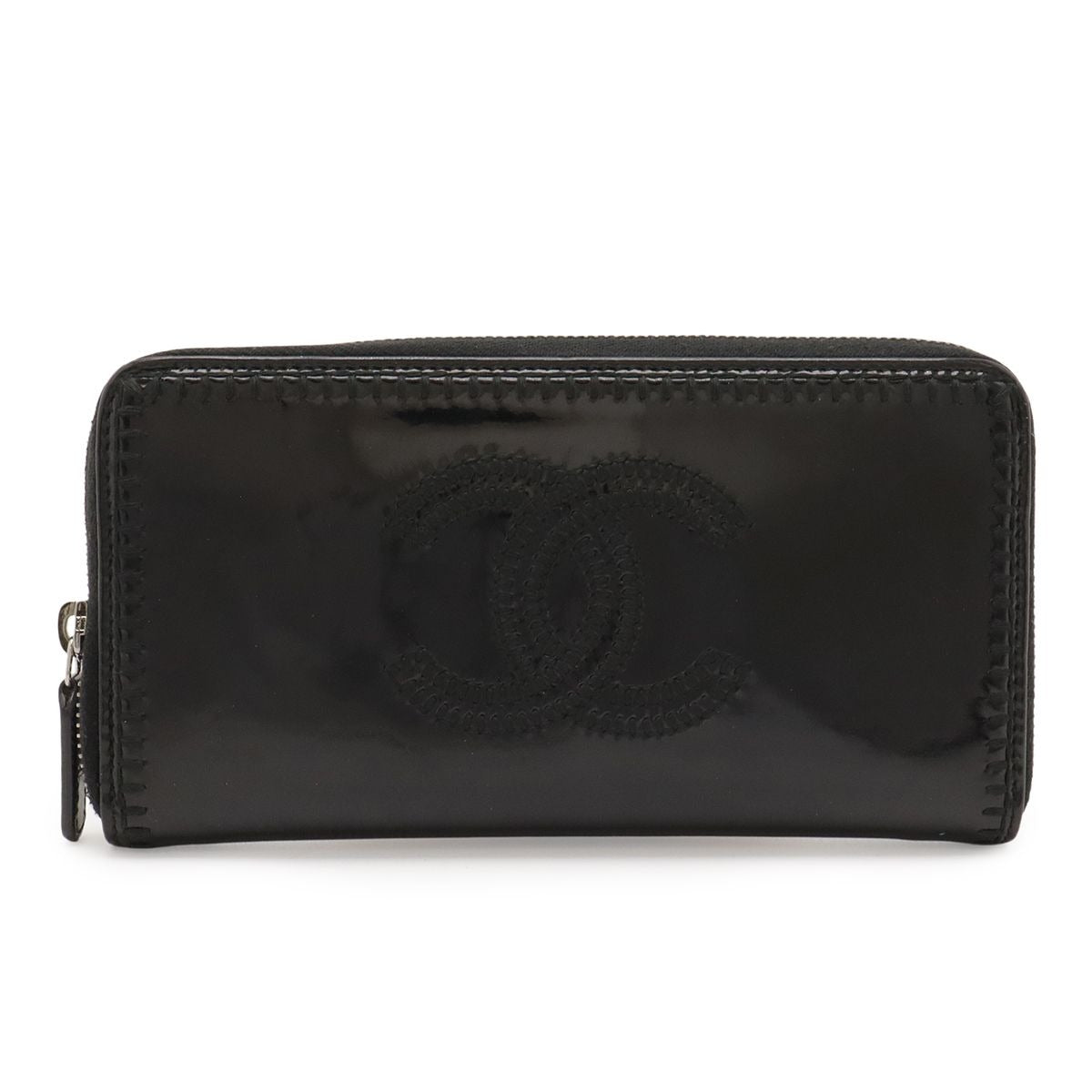 Chanel CC Logo Zip Around Wallet Enamel Patent Leather Black Silver Har