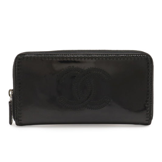 Chanel CC Logo Zip Around Wallet Enamel Patent Leather Black Silver Har
