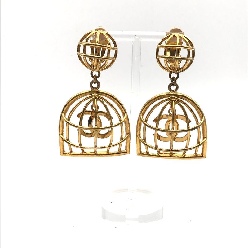 Chanel CC Logo Birdcage Vintage Swing Earrings 2 9 Gold