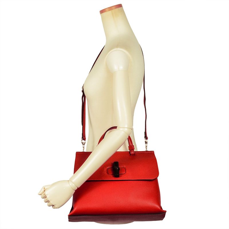 Gucci Daily Handbag 2WAY Leather Bamboo 370831 Red Silver Hardware Women